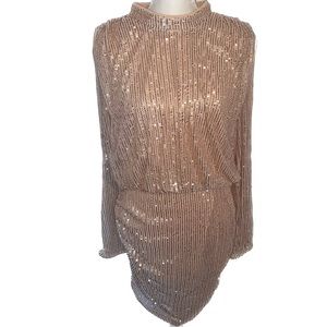 Sequin Mock Neck Long Sleeve Ruched Party Bodycon Mini Dress in Champagne